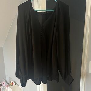 Express Black V-Neck Button-Front Blouse with Balloon Sleeves